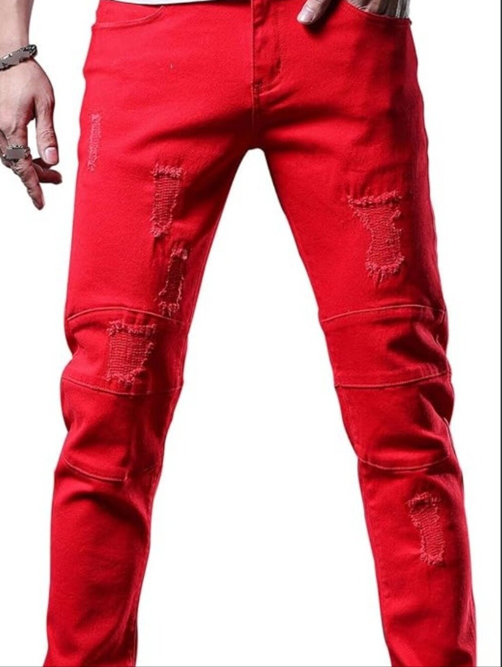 Red Distressed Men's Skinny Stretch Jeans